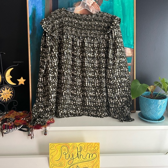 Zac & Rachel Green and Cream Smocked Blouse XL - Picture 9 of 16